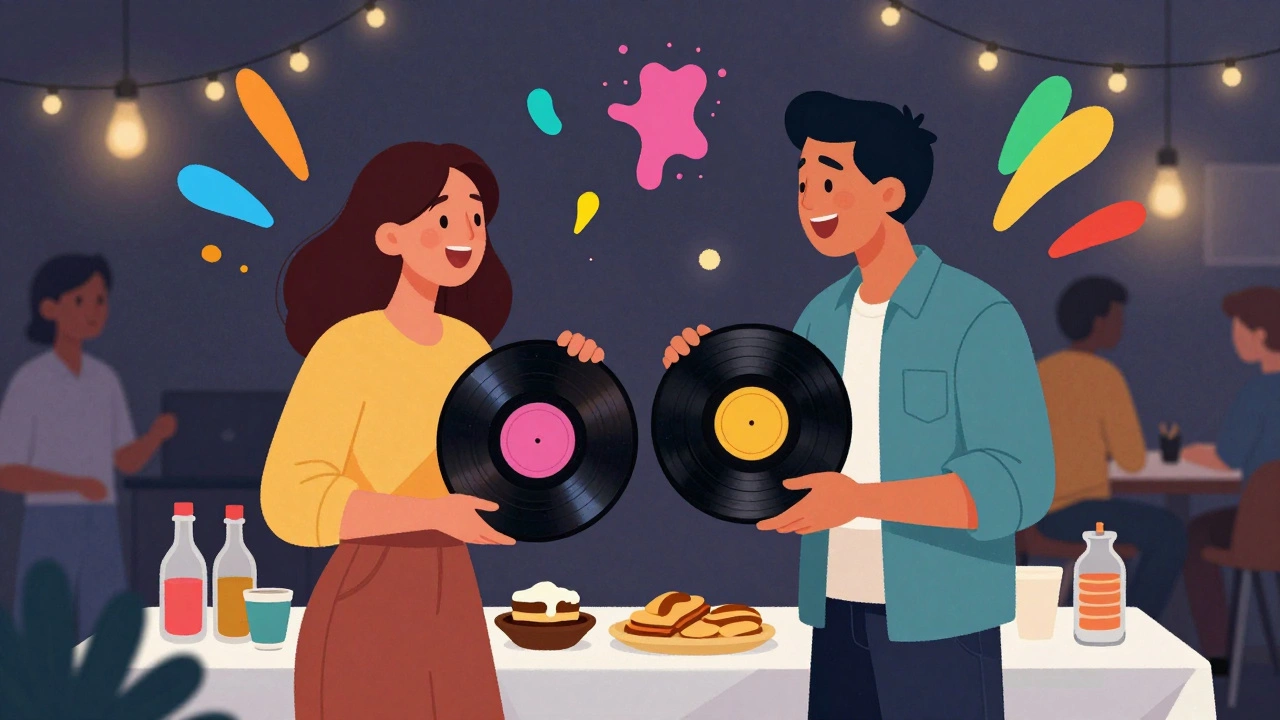 A designer and architect laughing together while holding vintage vinyl records at a community event.