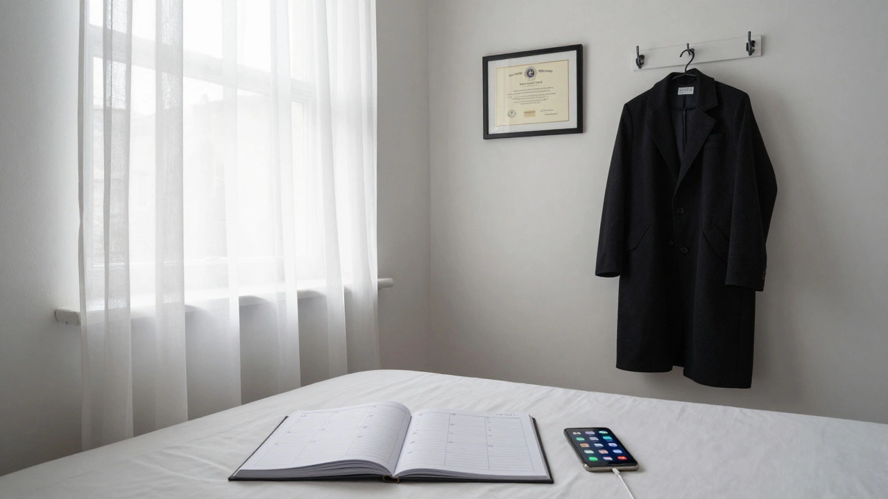 A tidy rented room in East London with a planner, phone, and university diploma, symbolizing autonomy and dignity.