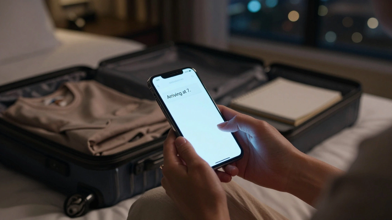 A woman&#039;s hands hold a encrypted message on her phone in a dark hotel room, ring visible, no distractions.